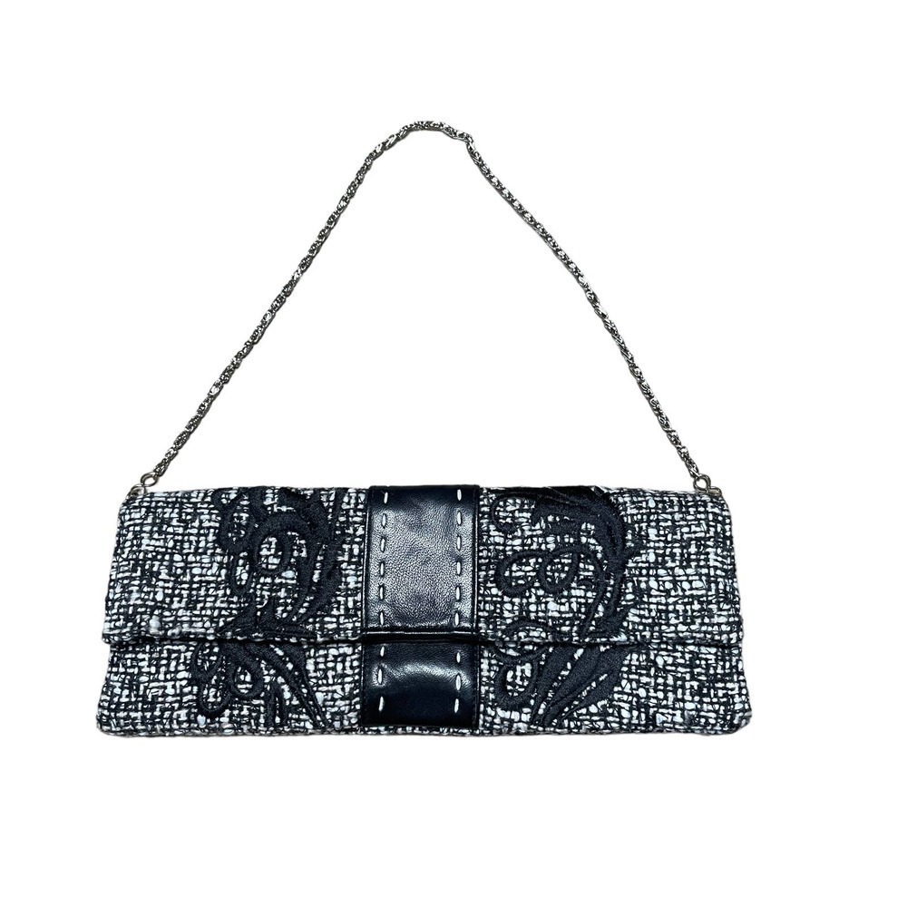 Lord & Taylor Embroidered Tweed Fabric Evening Bag with Chain Strap